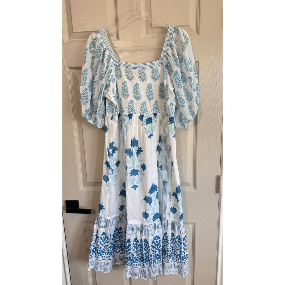 Oliphant Blue White Floral Block Print Puff Sleeve Smocked Midi Dress Large